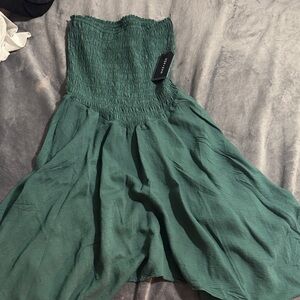 Strapless Smocked Bodice Midi Dress - Deep Teal Green